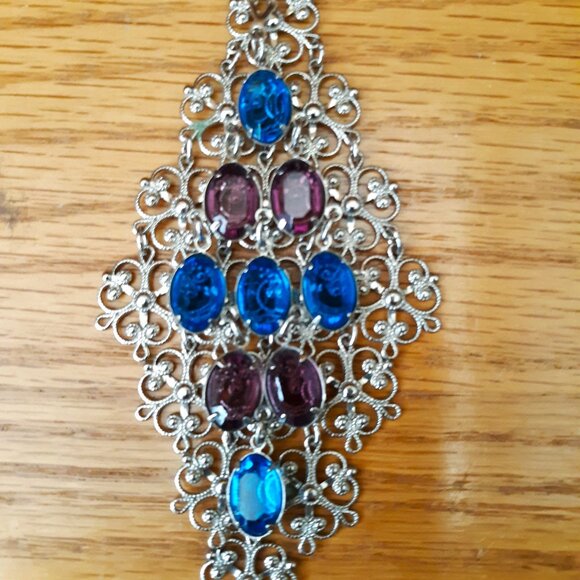 VTG Silver Tone Necklace Colored Glass Faux Gemstones Hanging Statement Piece - Picture 4 of 7